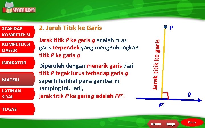 KOMPETENSI DASAR INDIKATOR MATERI LATIHAN SOAL TUGAS 2. Jarak Titik ke Garis Jarak titik