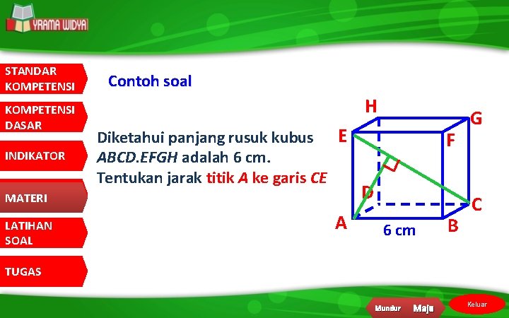 STANDAR KOMPETENSI DASAR INDIKATOR MATERI LATIHAN SOAL Contoh soal H Diketahui panjang rusuk kubus