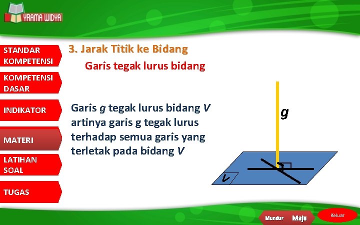 STANDAR KOMPETENSI DASAR INDIKATOR MATERI LATIHAN SOAL 3. Jarak Titik ke Bidang Garis tegak