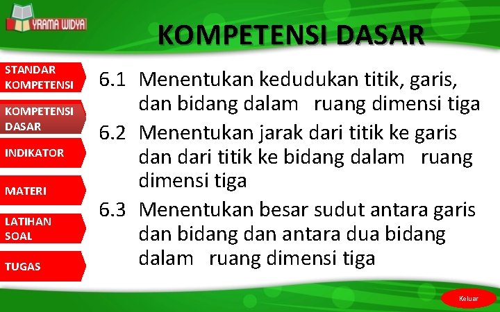 KOMPETENSI DASAR STANDAR KOMPETENSI DASAR INDIKATOR MATERI LATIHAN SOAL TUGAS 6. 1 Menentukan kedudukan