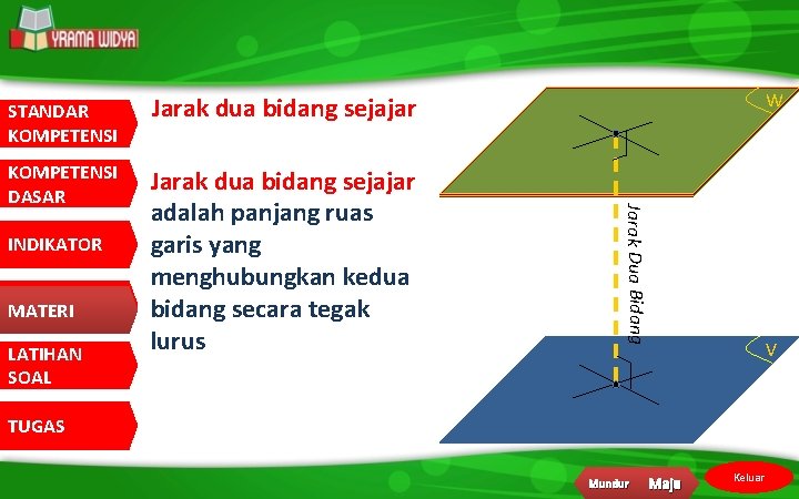 Jarak dua bidang sejajar KOMPETENSI DASAR Jarak dua bidang sejajar adalah panjang ruas garis