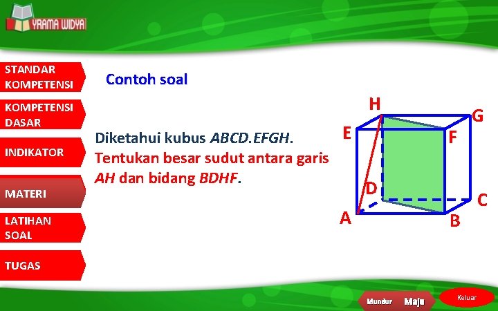 STANDAR KOMPETENSI DASAR INDIKATOR MATERI LATIHAN SOAL Contoh soal H E Diketahui kubus ABCD.