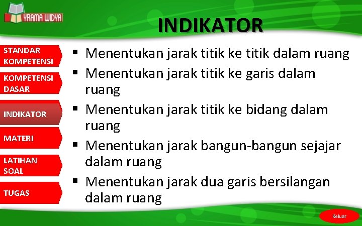 INDIKATOR STANDAR KOMPETENSI DASAR INDIKATOR MATERI LATIHAN SOAL TUGAS § Menentukan jarak titik ke