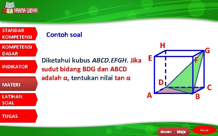 STANDAR KOMPETENSI DASAR INDIKATOR MATERI LATIHAN SOAL Contoh soal H Diketahui kubus ABCD. EFGH.