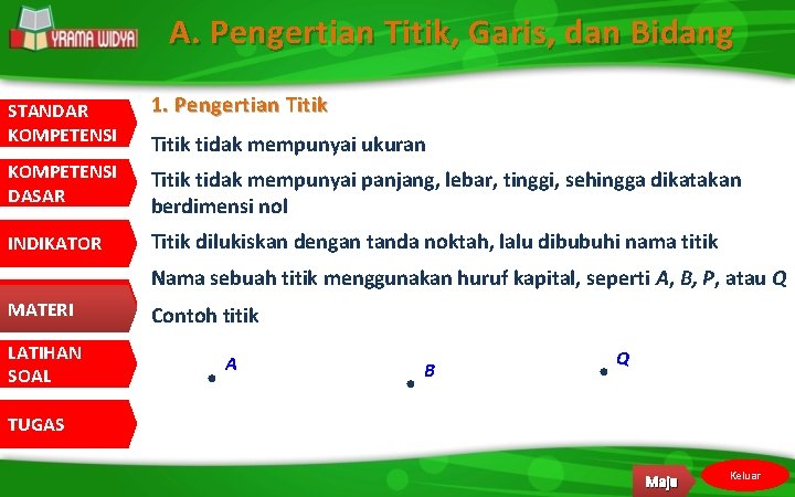 A. Pengertian Titik, Garis, dan Bidang STANDAR KOMPETENSI 1. Pengertian Titik tidak mempunyai ukuran