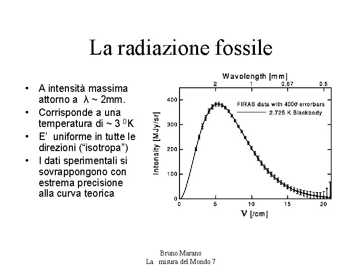 La radiazione fossile • A intensità massima attorno a λ ~ 2 mm. •