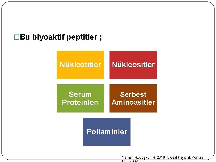�Bu biyoaktif peptitler ; Nükleotitler Nükleositler Serum Proteinleri Serbest Aminoasitler Poliaminler Yaman H. , �Bu biyoaktif peptitler ; Nükleotitler Nükleositler Serum Proteinleri Serbest Aminoasitler Poliaminler Yaman H. ,