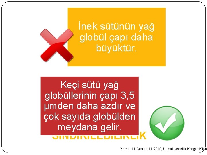 İnek sütünün yağ globül çapı daha büyüktür. Keçi sütü yağ globüllerinin çapı 3, 5 İnek sütünün yağ globül çapı daha büyüktür. Keçi sütü yağ globüllerinin çapı 3, 5