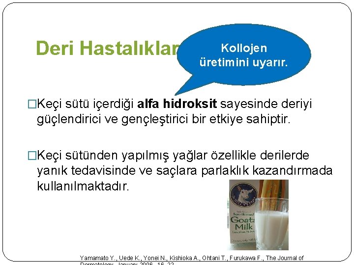 Deri Hastalıkları Kollojen üretimini uyarır. �Keçi sütü içerdiği alfa hidroksit sayesinde deriyi güçlendirici ve Deri Hastalıkları Kollojen üretimini uyarır. �Keçi sütü içerdiği alfa hidroksit sayesinde deriyi güçlendirici ve