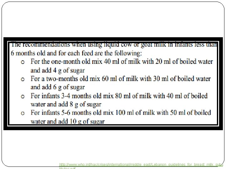 http: //www. who. int/hac/crises/international/middle_east/Lebanon_guidelines_for_breast_milk_subs http: //www. who. int/hac/crises/international/middle_east/Lebanon_guidelines_for_breast_milk_subs