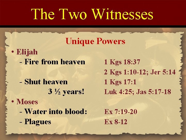 The Two Witnesses Unique Powers • Elijah - Fire from heaven - Shut heaven