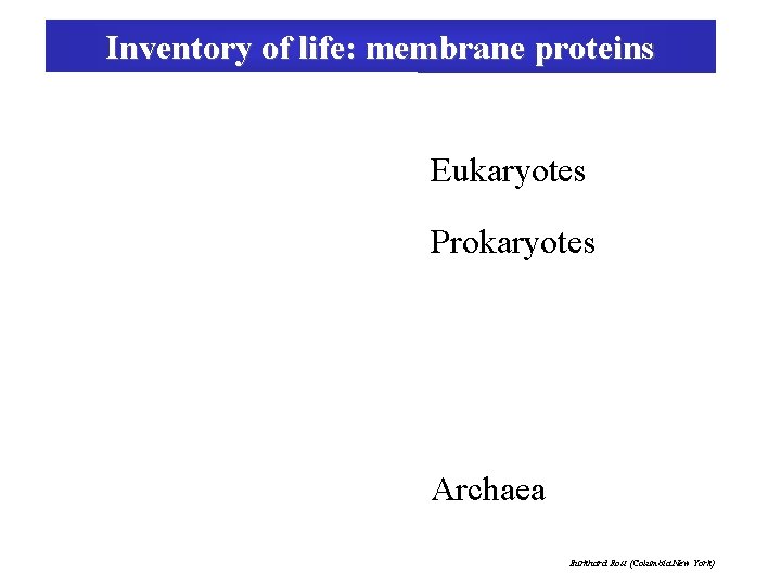 Inventory of life: membrane proteins Eukaryotes Prokaryotes Archaea Burkhard Rost (Columbia New York) 