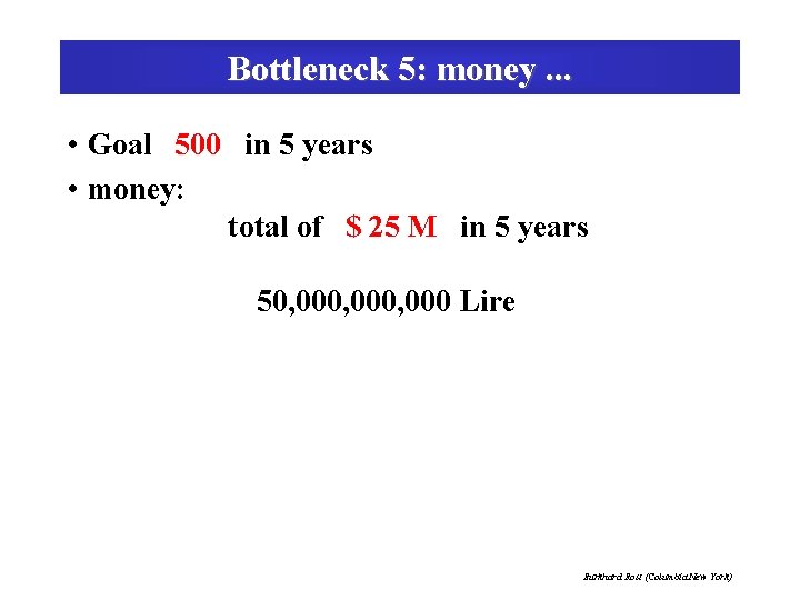 Bottleneck 5: money. . . • Goal 500 in 5 years • money: total