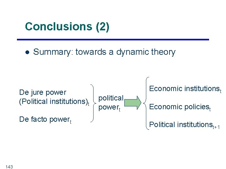 Conclusions (2) l Summary: towards a dynamic theory De jure power (Political institutions)t De