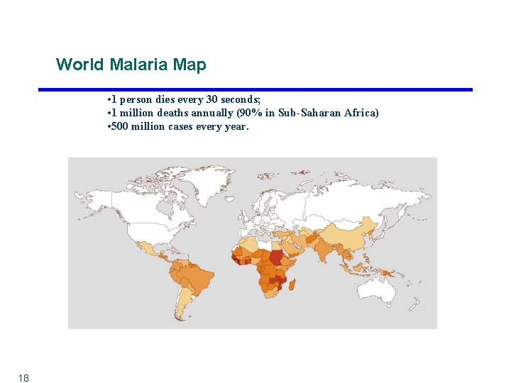 World Malaria Map • 1 person dies every 30 seconds; • 1 million deaths