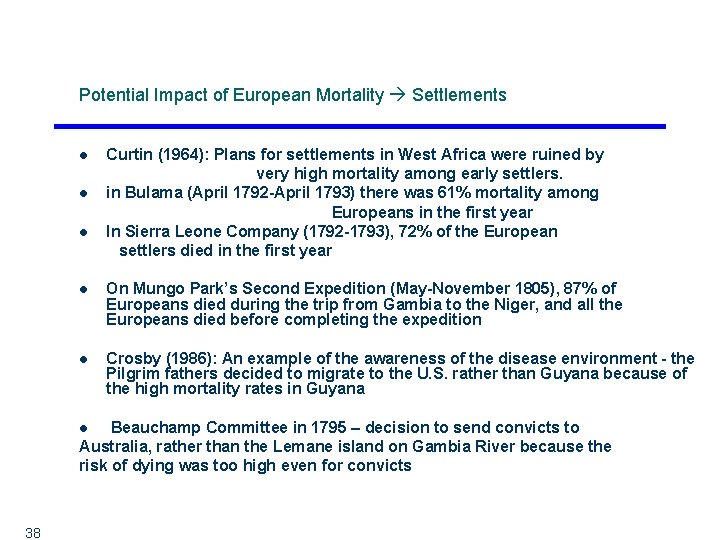 Potential Impact of European Mortality Settlements l l l Curtin (1964): Plans for settlements