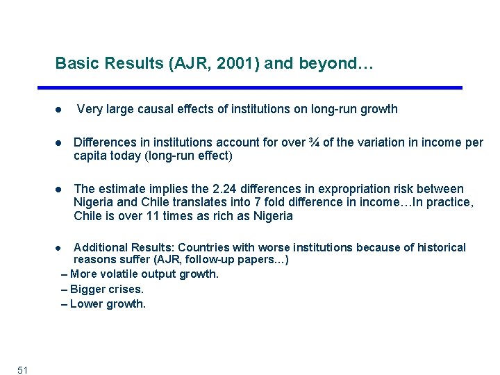 Basic Results (AJR, 2001) and beyond… l Very large causal effects of institutions on