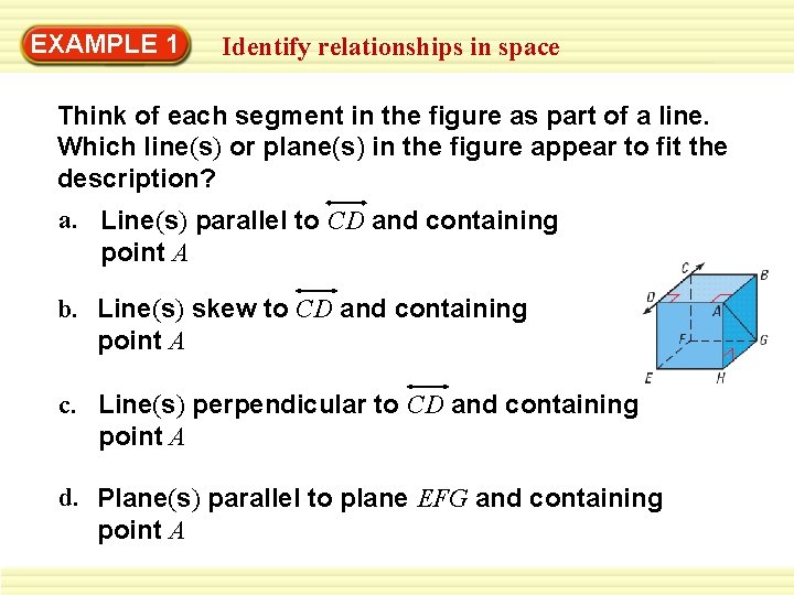 EXAMPLE 1 Identify relationships in space Think of