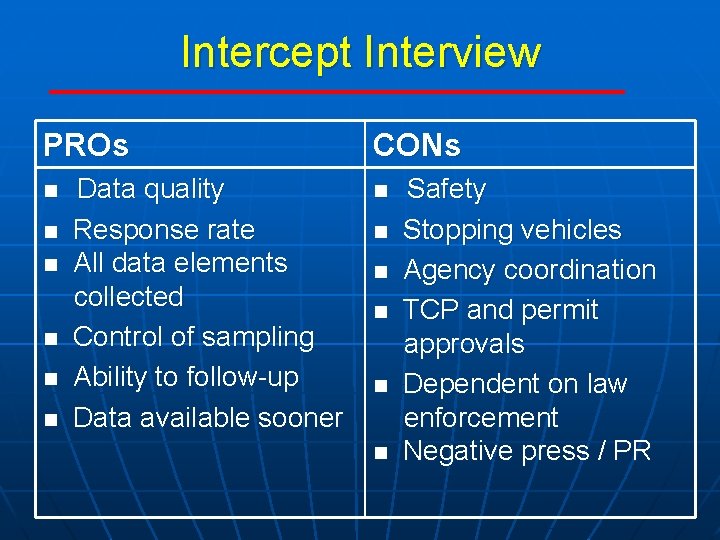 Intercept Interview PROs n n n Data quality Response rate All data elements collected