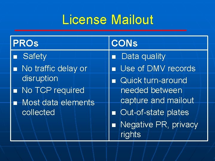 License Mailout PROs n n Safety No traffic delay or disruption No TCP required
