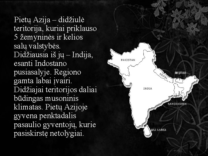 Pietų Azija – didžiulė teritorija, kuriai priklauso 5 žemyninės ir kelios salų valstybės. Didžiausia