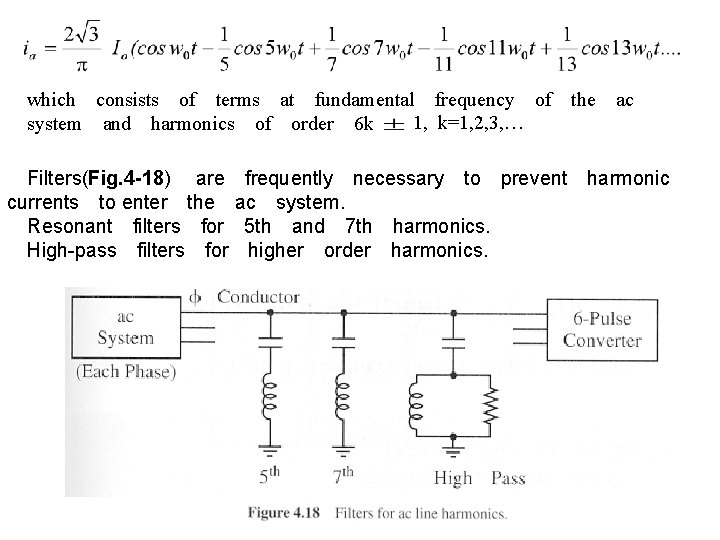 which　consists　of　terms　at　fundamental　frequency　of　the　ac　 1, k=1, 2, 3, … system　and　harmonics　of　order　6 k 　Filters(Fig. 4 -18) 　are　frequently　necessary　to　prevent　harmonic　 currents　to enter　the　ac　system.