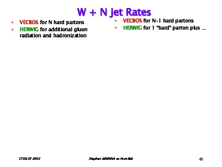 § § W + N jet Rates VECBOS for N hard partons HERWIG for