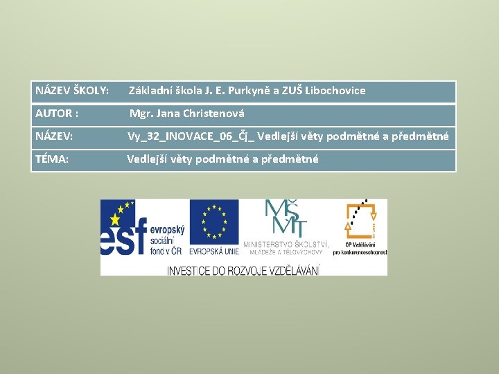 NÁZEV ŠKOLY: Základní škola J. E. Purkyně a ZUŠ Libochovice AUTOR : Mgr. Jana