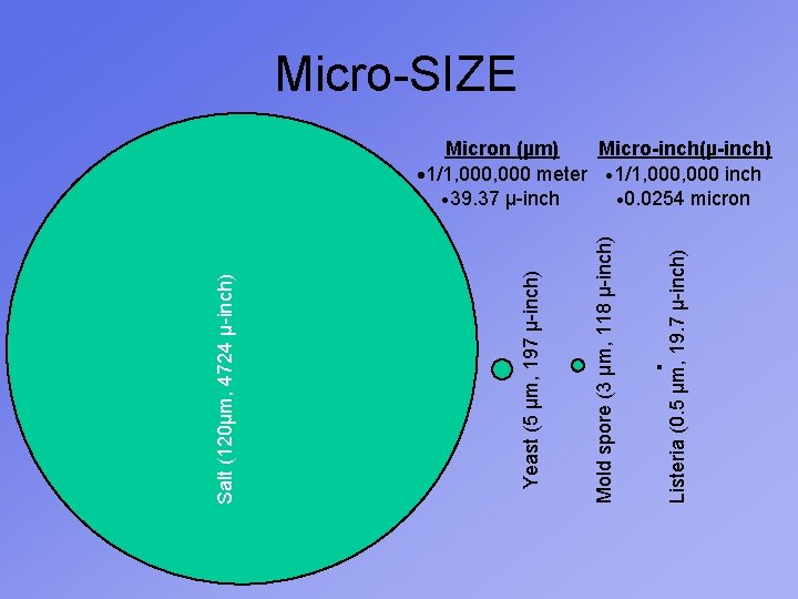 Listeria (0. 5 µm, 19. 7 µ-inch) Mold spore (3 µm, 118 µ-inch) Yeast