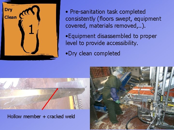 Dry Clean 1 • Pre-sanitation task completed consistently (floors swept, equipment covered, materials removed,