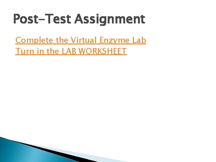 Post-Test Assignment Complete the Virtual Enzyme Lab Turn in the LAB WORKSHEET Post-Test Assignment Complete the Virtual Enzyme Lab Turn in the LAB WORKSHEET