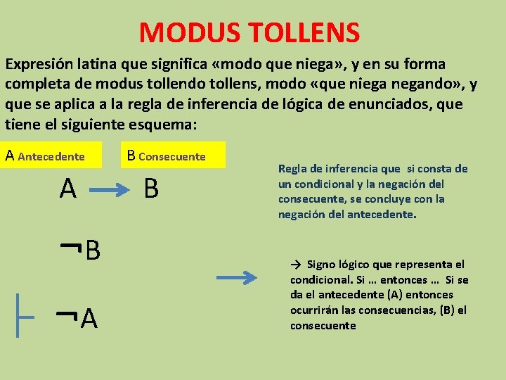 MODUS TOLLENS Expresión latina que significa «modo que niega» , y en su forma