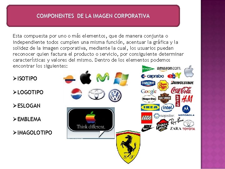 COMPONENTES DE LA IMAGEN CORPORATIVA Esta compuesta por uno o más elementos, que de