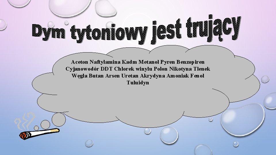 Aceton Naftylamina Kadm Metanol Pyren Benzopiren Cyjanowodór DDT Chlorek winylu Polon Nikotyna Tlenek Węgla