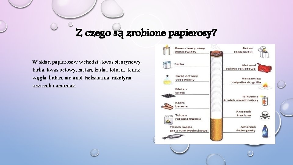 Z czego są zrobione papierosy? W skład papierosów wchodzi : kwas stearynowy, farba, kwas