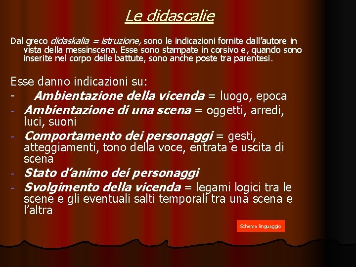 Le didascalie Dal greco didaskalia = istruzione, sono le indicazioni fornite dall’autore in vista