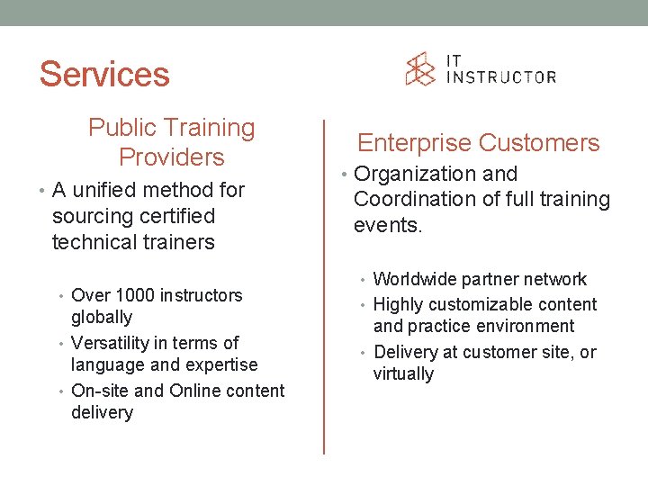 Services Public Training Providers • A unified method for sourcing certified technical trainers •