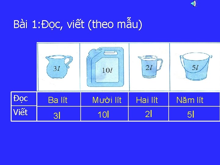 Bài 1: Đọc, viết (theo mẫu) Đọc Ba lít Viết 3 l Mười lít