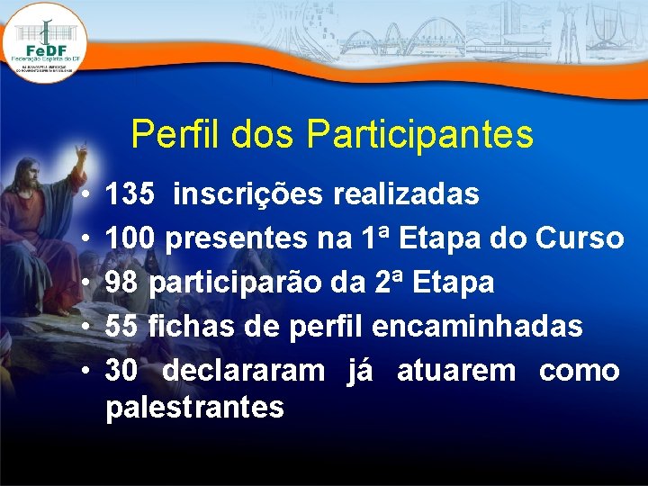 Perfil dos Participantes • • • 135 inscrições realizadas 100 presentes na 1ª Etapa