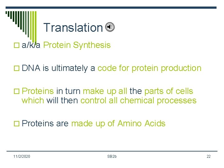 Translation o a/k/a Protein Synthesis o DNA is ultimately a code for protein production