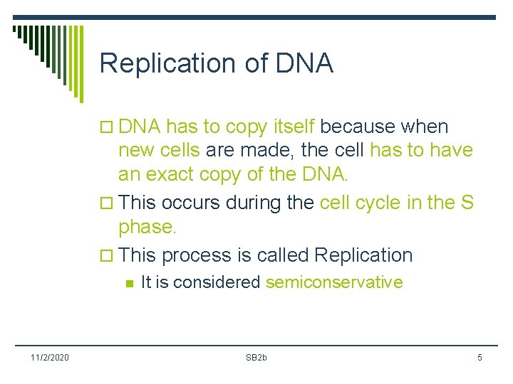 Replication of DNA o DNA has to copy itself because when new cells are