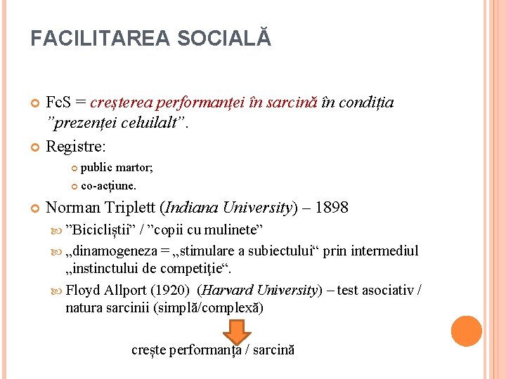 FACILITAREA SOCIALĂ Fc. S = creșterea performanței în sarcină în condiția ”prezenței celuilalt”. Registre: FACILITAREA SOCIALĂ Fc. S = creșterea performanței în sarcină în condiția ”prezenței celuilalt”. Registre: