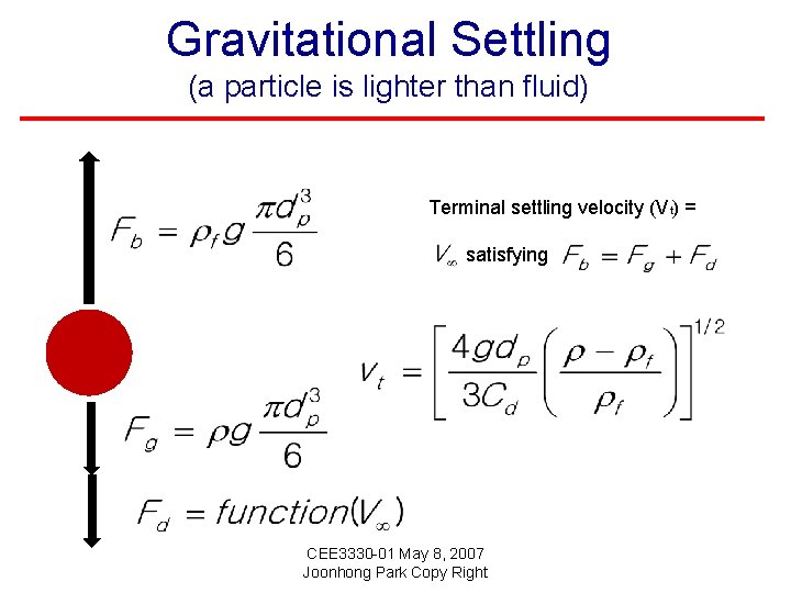 Gravitational Settling (a particle is lighter than fluid) Terminal settling velocity (Vt) = satisfying