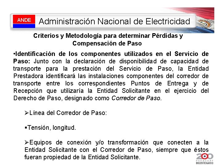 ANDE Administración Nacional de Electricidad Criterios y Metodología para determinar Pérdidas y Compensación de