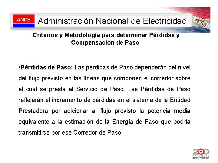 ANDE Administración Nacional de Electricidad Criterios y Metodología para determinar Pérdidas y Compensación de