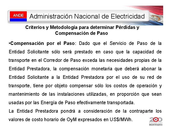 ANDE Administración Nacional de Electricidad Criterios y Metodología para determinar Pérdidas y Compensación de