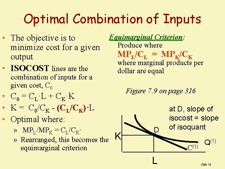 Optimal Combination of Inputs • The objective is to minimize cost for a given