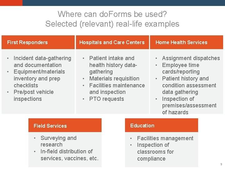 Where can do. Forms be used? Selected (relevant) real-life examples First Responders Services/ Hospitals