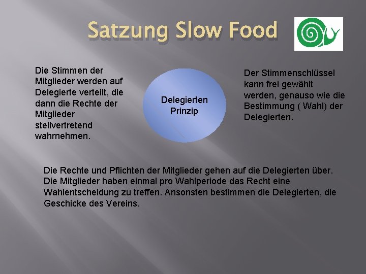 Satzung Slow Food Die Stimmen der Mitglieder werden auf Delegierte verteilt, die dann die