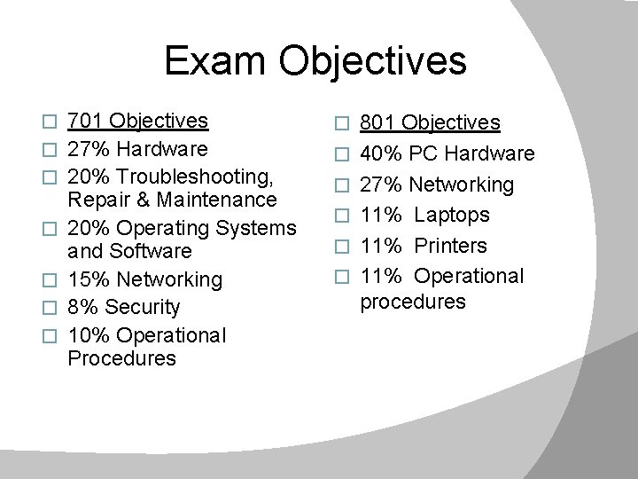 Exam Objectives � � � � 701 Objectives 27% Hardware 20% Troubleshooting, Repair &